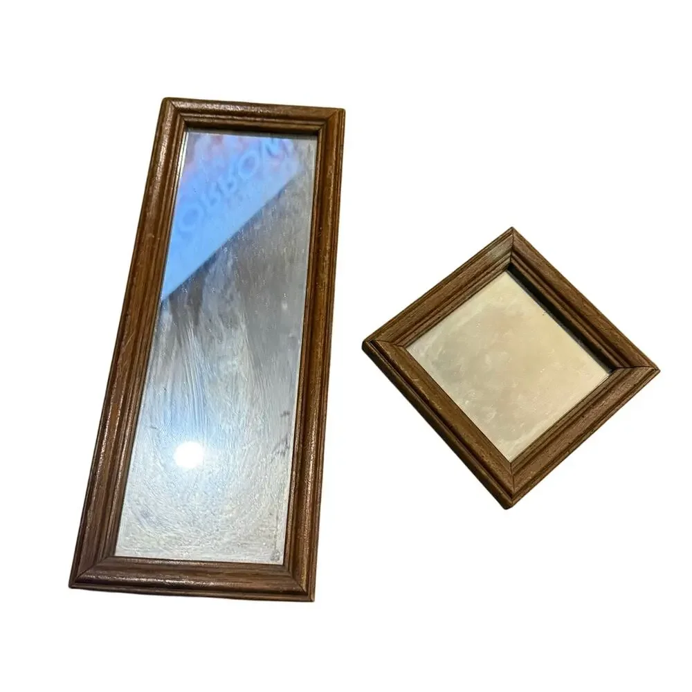 2 VTG Wood Framed Wall Hanging Mirrors Home Decor Gallery Wall Square Rectangle